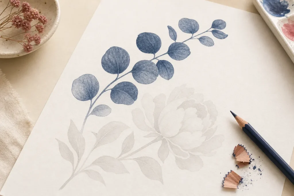 Illustration à l’aquarelle : une page aux formes gris pâle dont la branche d’eucalyptus est déjà coloriée en bleu marine au crayon, le crayon taillé et ses copeaux posés à côté