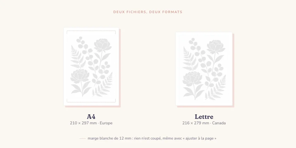 Schéma : deux feuilles côte à côte, A4 (210 × 297 mm, Europe) et Lettre (216 × 279 mm, Canada), avec la marge blanche de 12 mm en pointillé