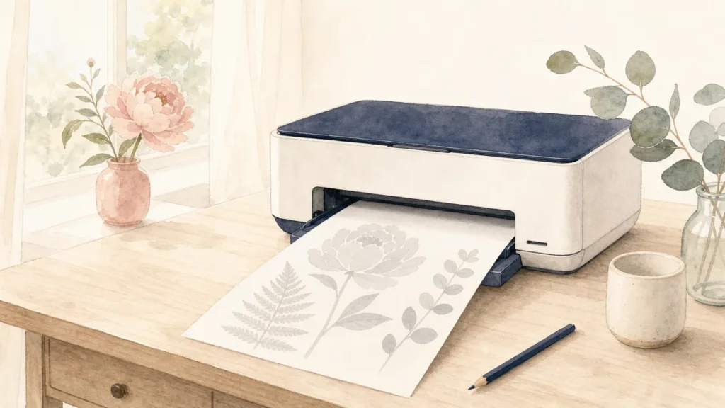 Illustration à l’aquarelle : une imprimante de bureau sur une table en bois, d’où sort une page de coloriage aux formes gris pâle, avec un crayon de couleur bleu marine