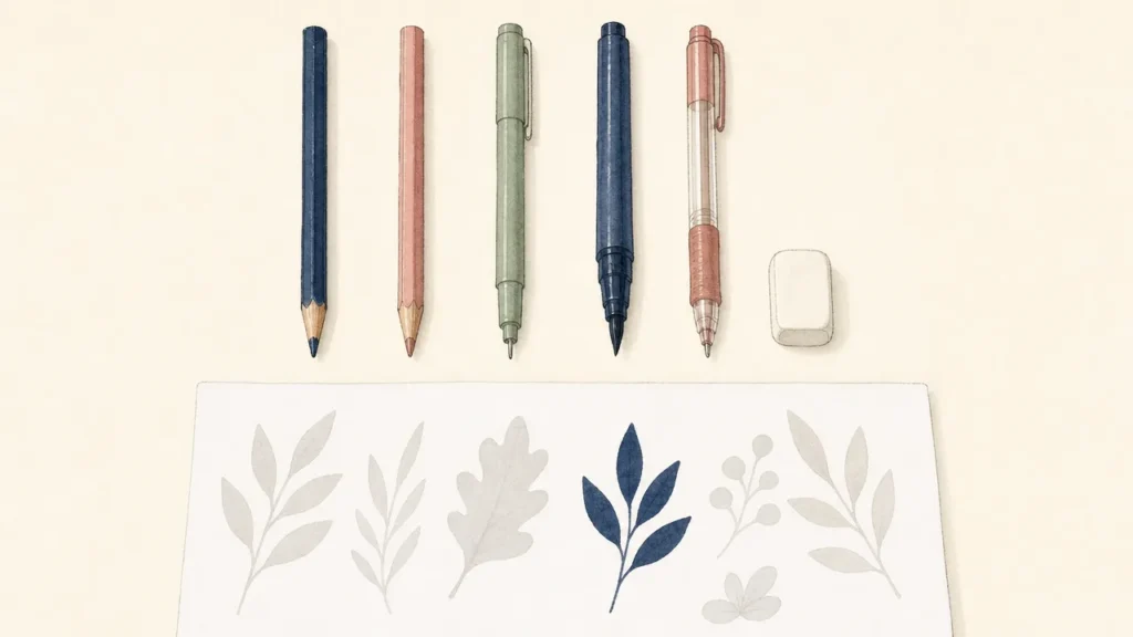 Illustration à l’aquarelle : un crayon de couleur bleu marine, un crayon rose, un feutre fin vert sauge, un feutre pinceau, un stylo gel et une gomme alignés au-dessus d’une feuille aux formes de feuilles gris pâle, dont une coloriée en bleu
