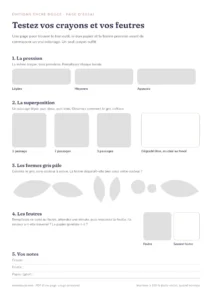 Aperçu de la page d’essai : bandes de pression, carrés de superposition, formes gris pâle à colorier et carré pour les feutres