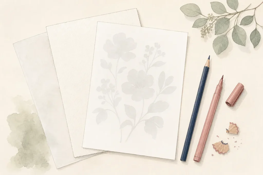 Illustration à l’aquarelle vue de dessus : trois feuilles de papier d’épaisseurs différentes, un crayon bleu marine, un feutre rose ouvert et quelques copeaux de taille-crayon