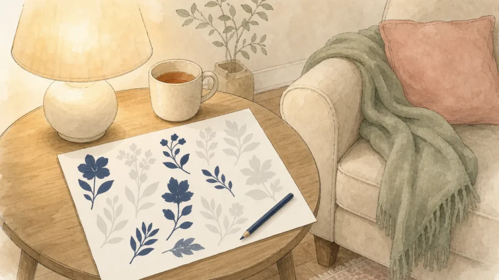 Illustration à l’aquarelle : un coin de salon le soir, une lampe, une tasse de thé, un plaid vert sauge sur un fauteuil, et sur la table une page de coloriage aux formes gris pâle dont la moitié est coloriée en bleu marine, avec un crayon