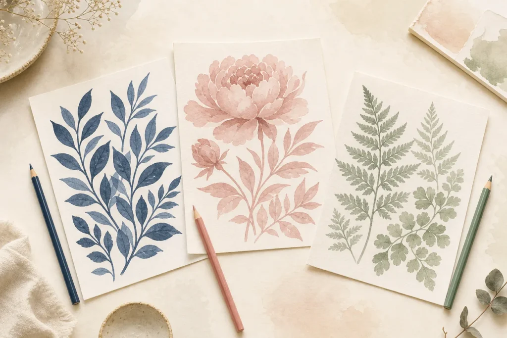 Illustration à l’aquarelle vue de dessus : trois pages coloriées chacune d’une seule couleur, bleu marine, rose et vert sauge, avec un crayon de chaque couleur